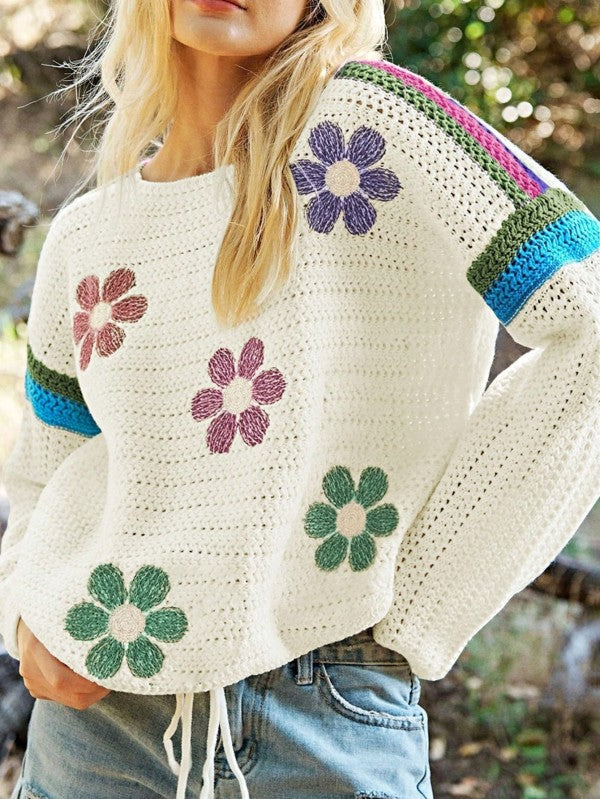 Cotton Eyelet Boho Floral Knit Sweater