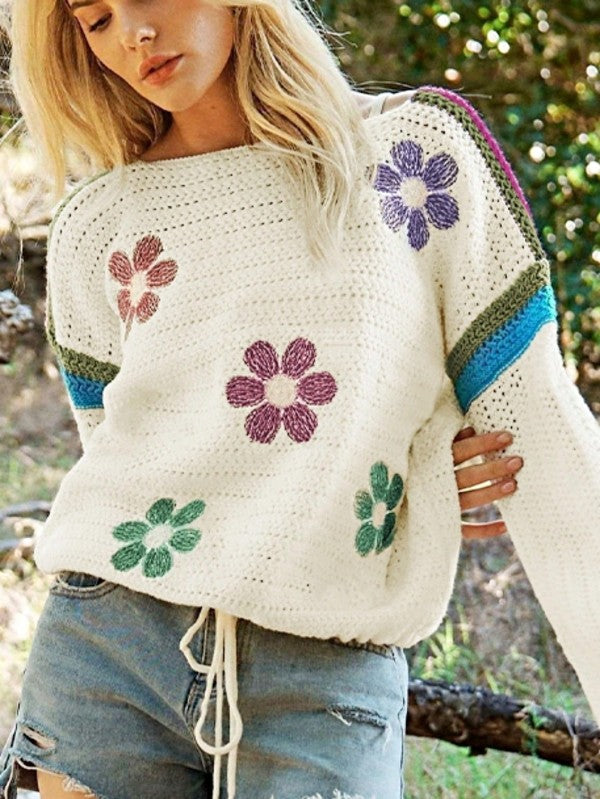 Cotton Eyelet Boho Floral Knit Sweater