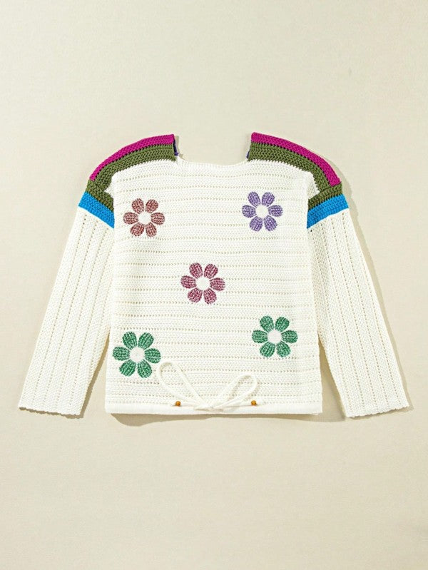 Cotton Eyelet Boho Floral Knit Sweater