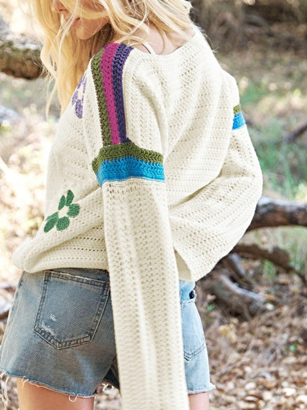 Cotton Eyelet Boho Floral Knit Sweater