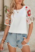 Turquoise Boho Hollowed Floral Crochet Sleeve T Shirt