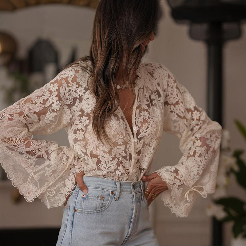 Boho Lace Embroidered V-Neck Blouse