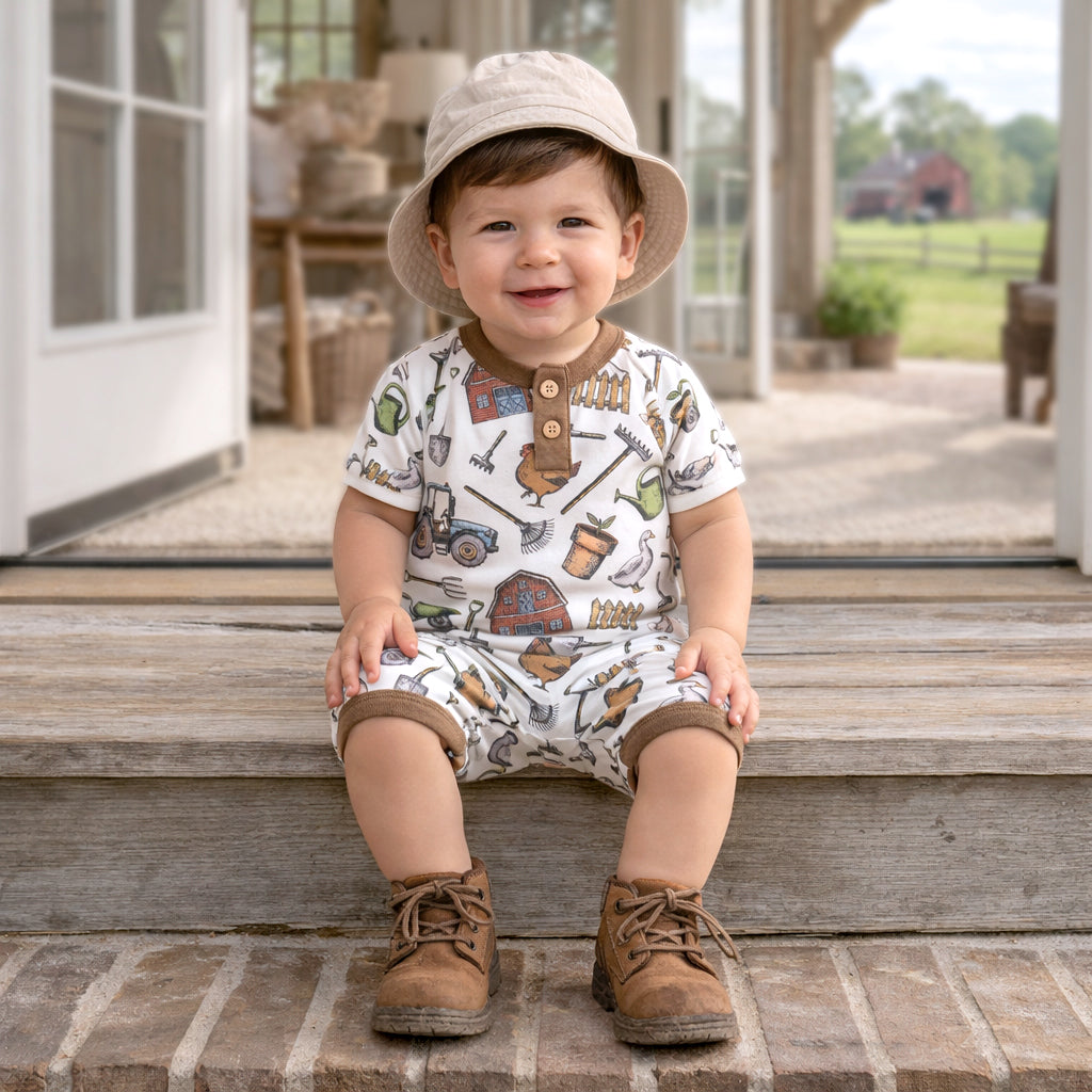 Farmer's Market Baby Boy Shortall Romper–Soft Bamboo