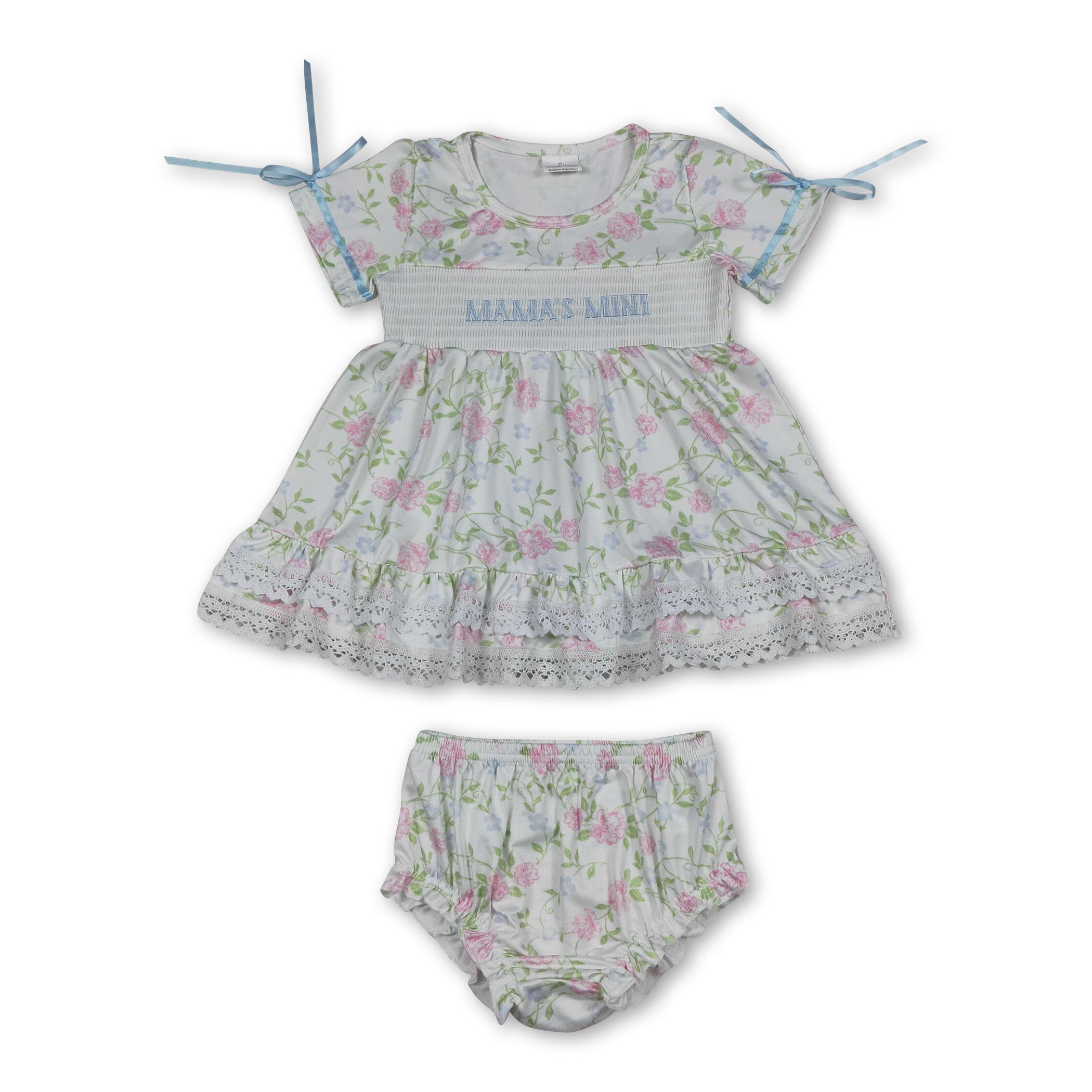 Floral Mama's mini smocked tunic bummies girls set