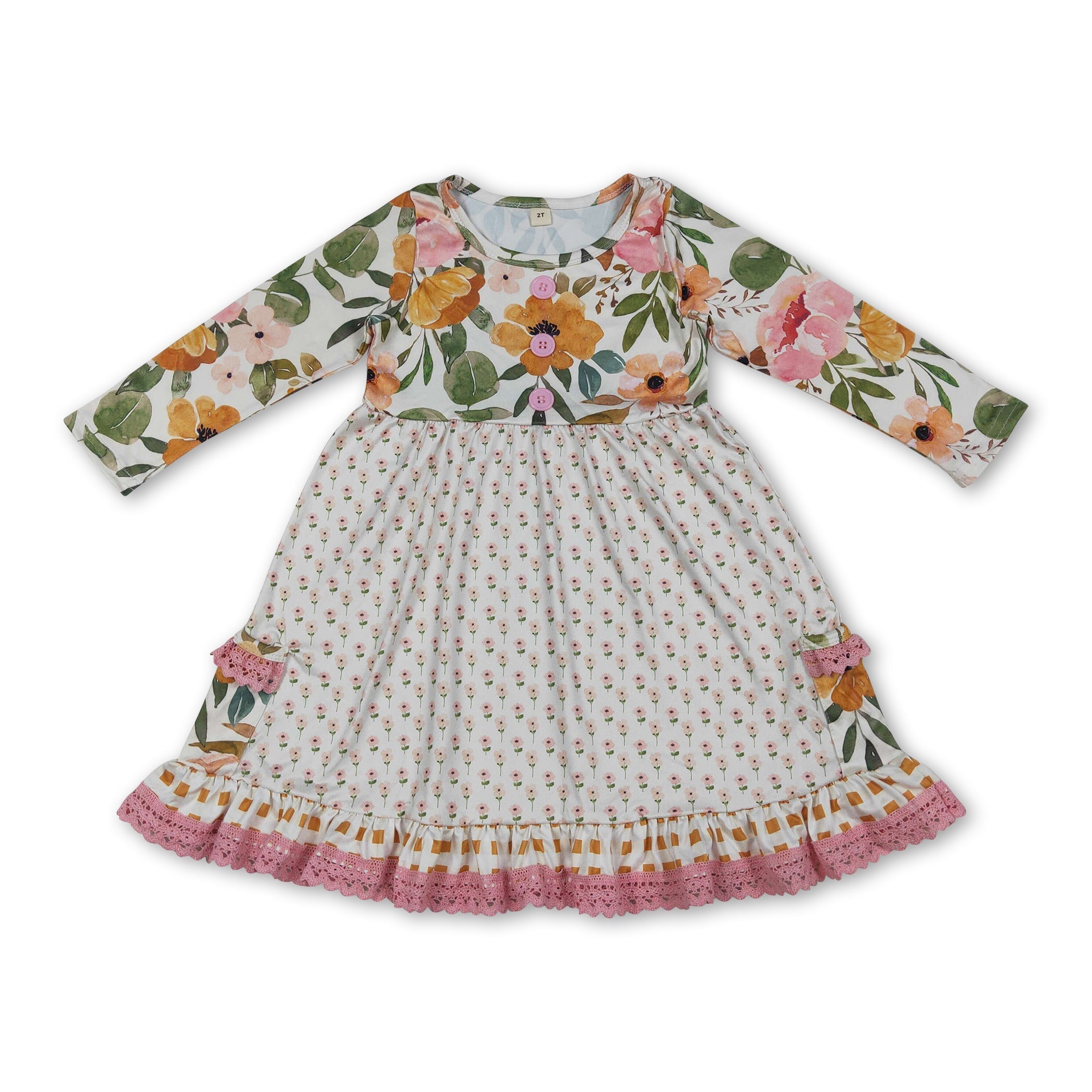 Long sleeves floral pockets ruffle girls dresses