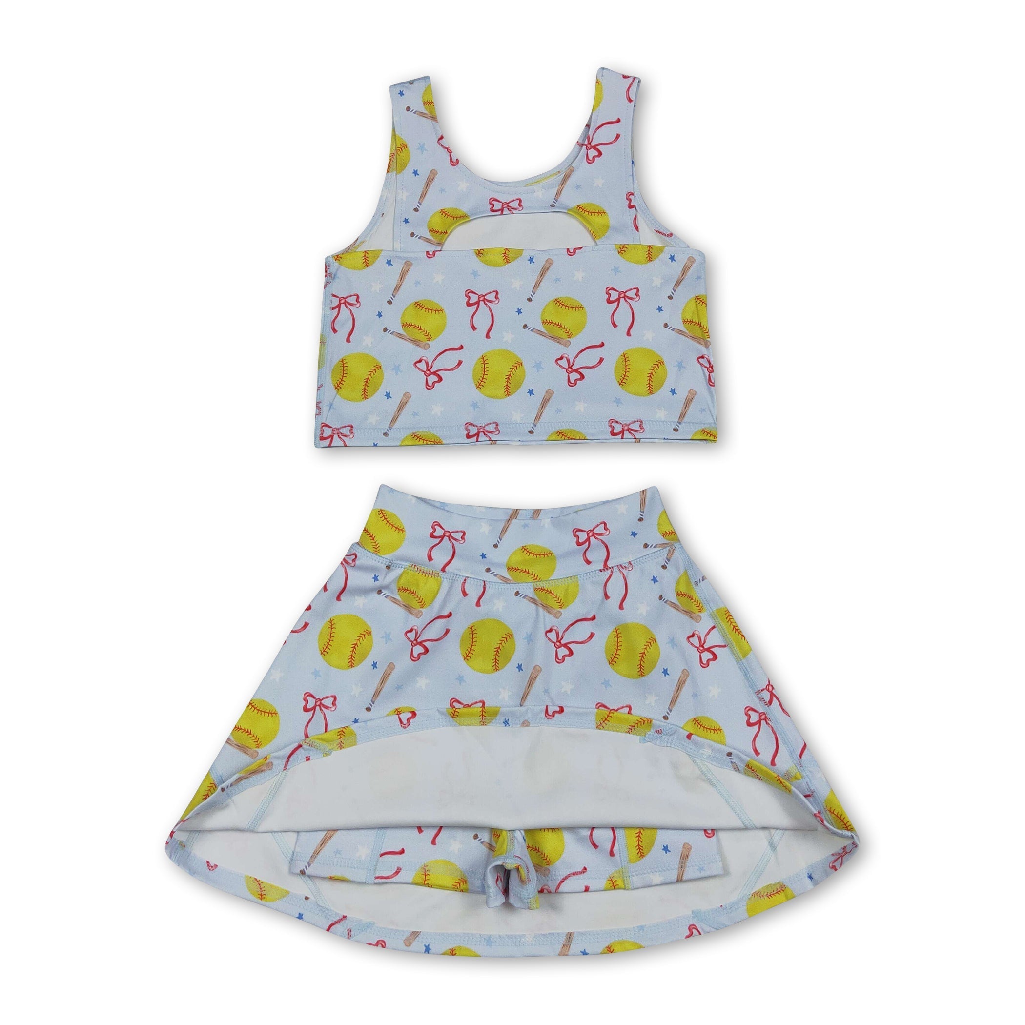 Sleeveless softball bow kids girls summer activewear set