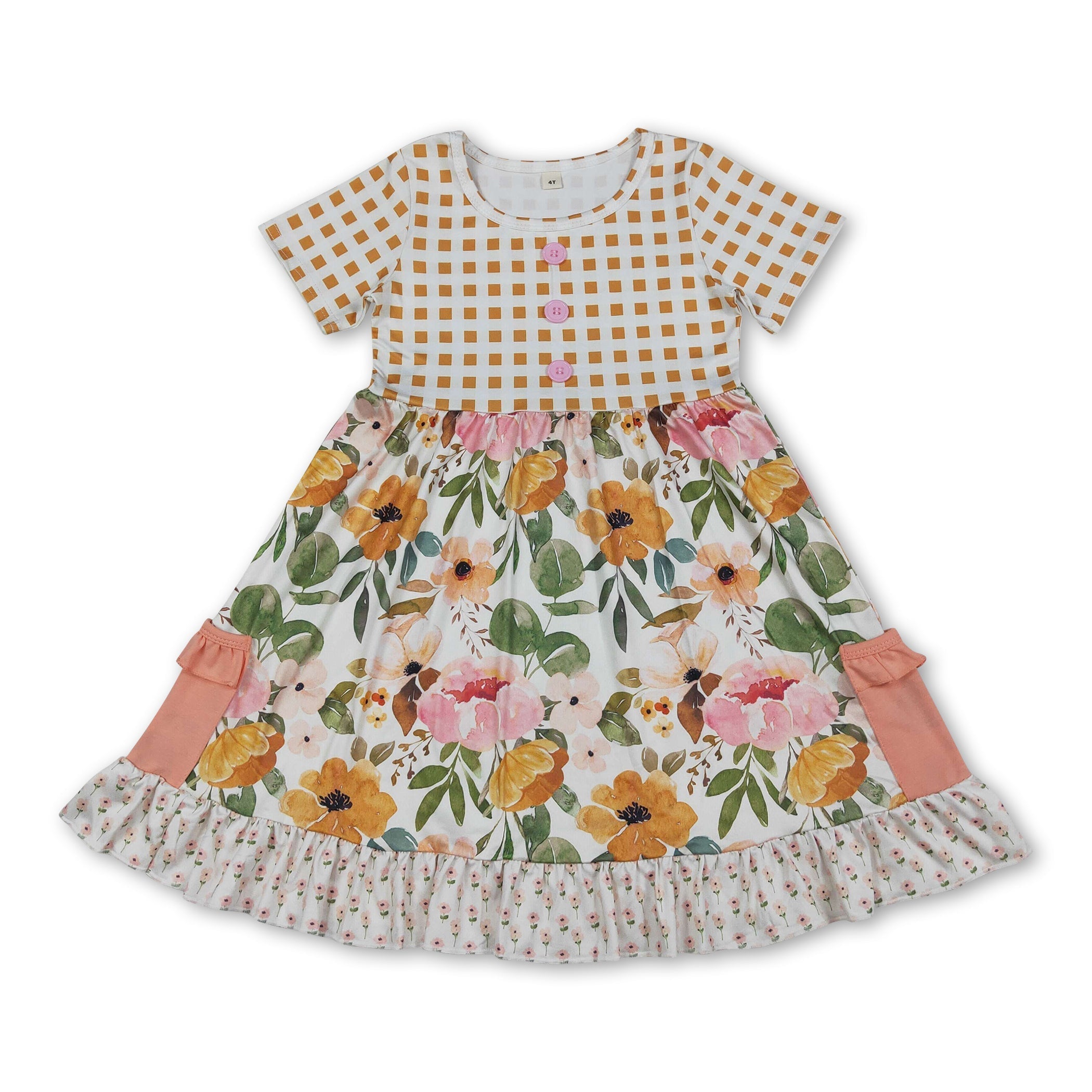 Plaid short sleeves pocket ruffle kids girls summer dress