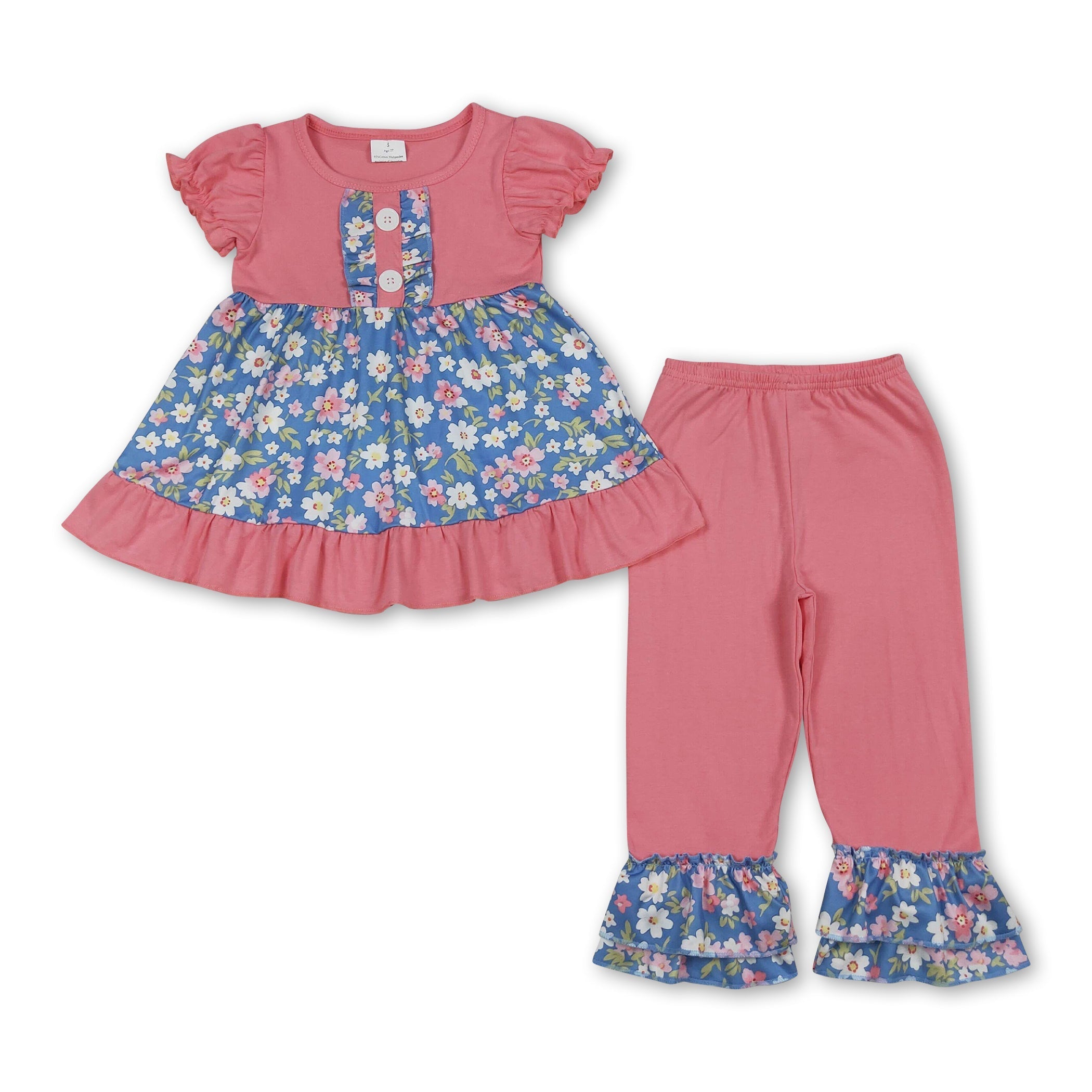 Pink short sleeves floral tunic ruffle pants girls clothing