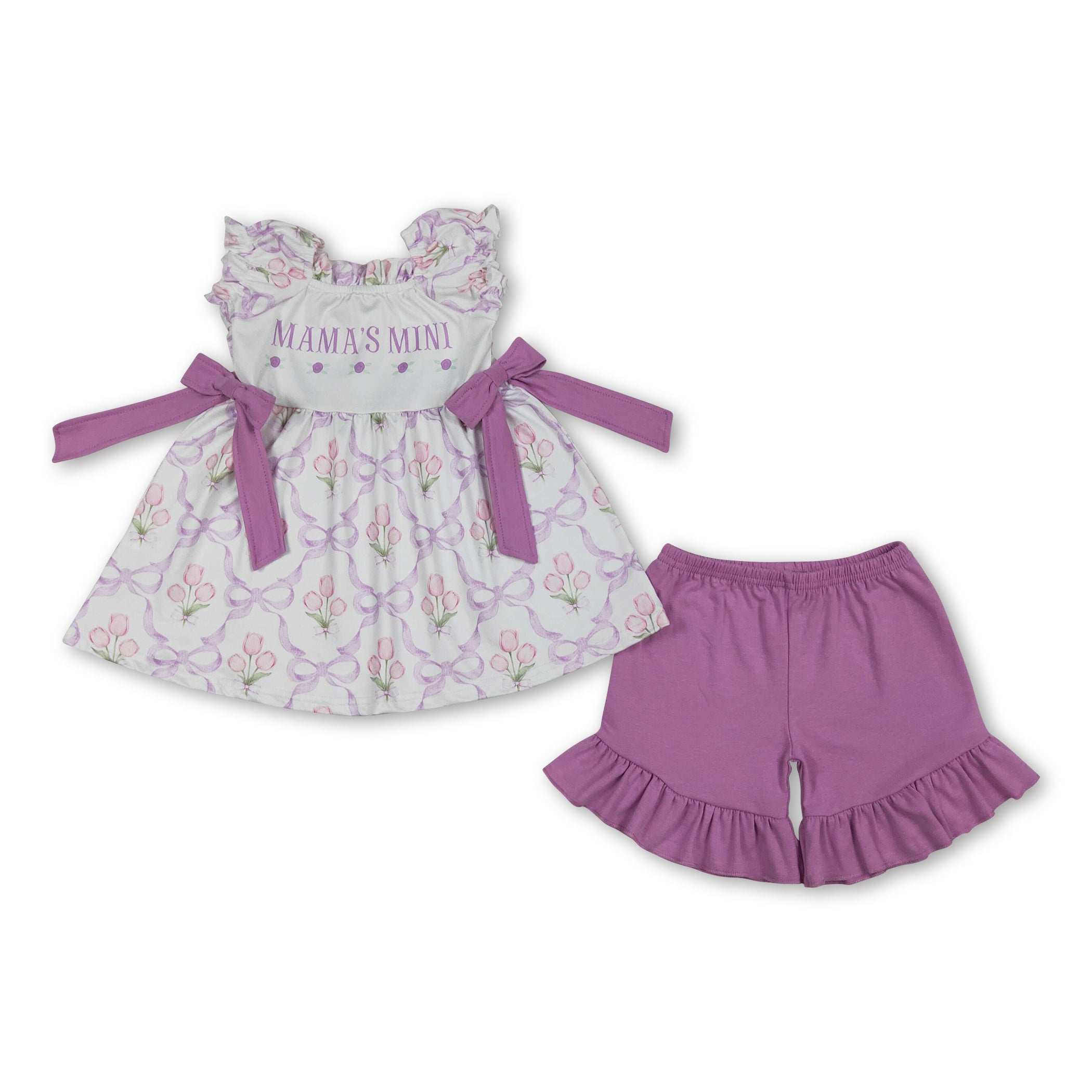 Short sleeves mama's mini floral bow tunic shorts girls outfits