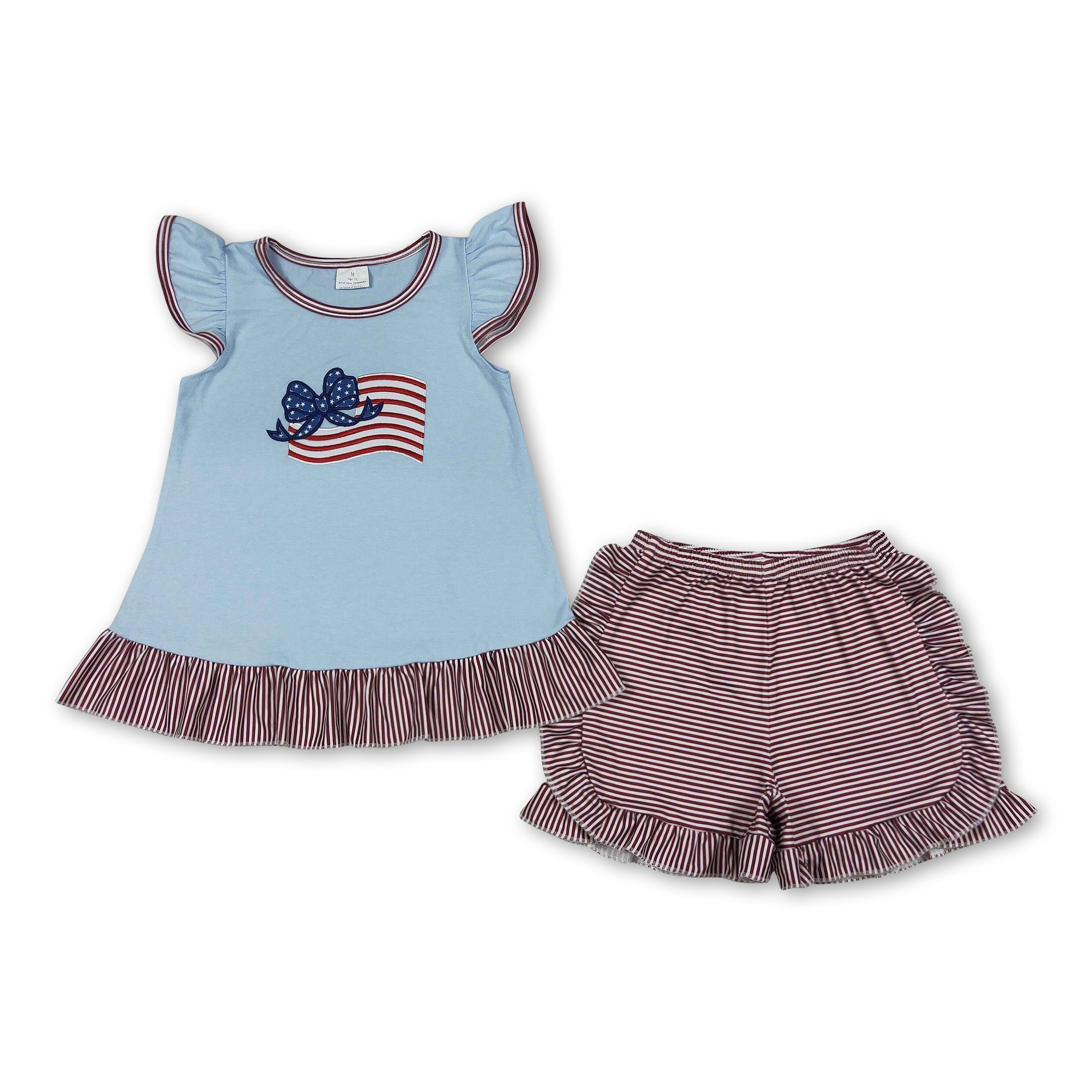 Flutter sleeves flag bow stripe shorts girls 4th of july outfit