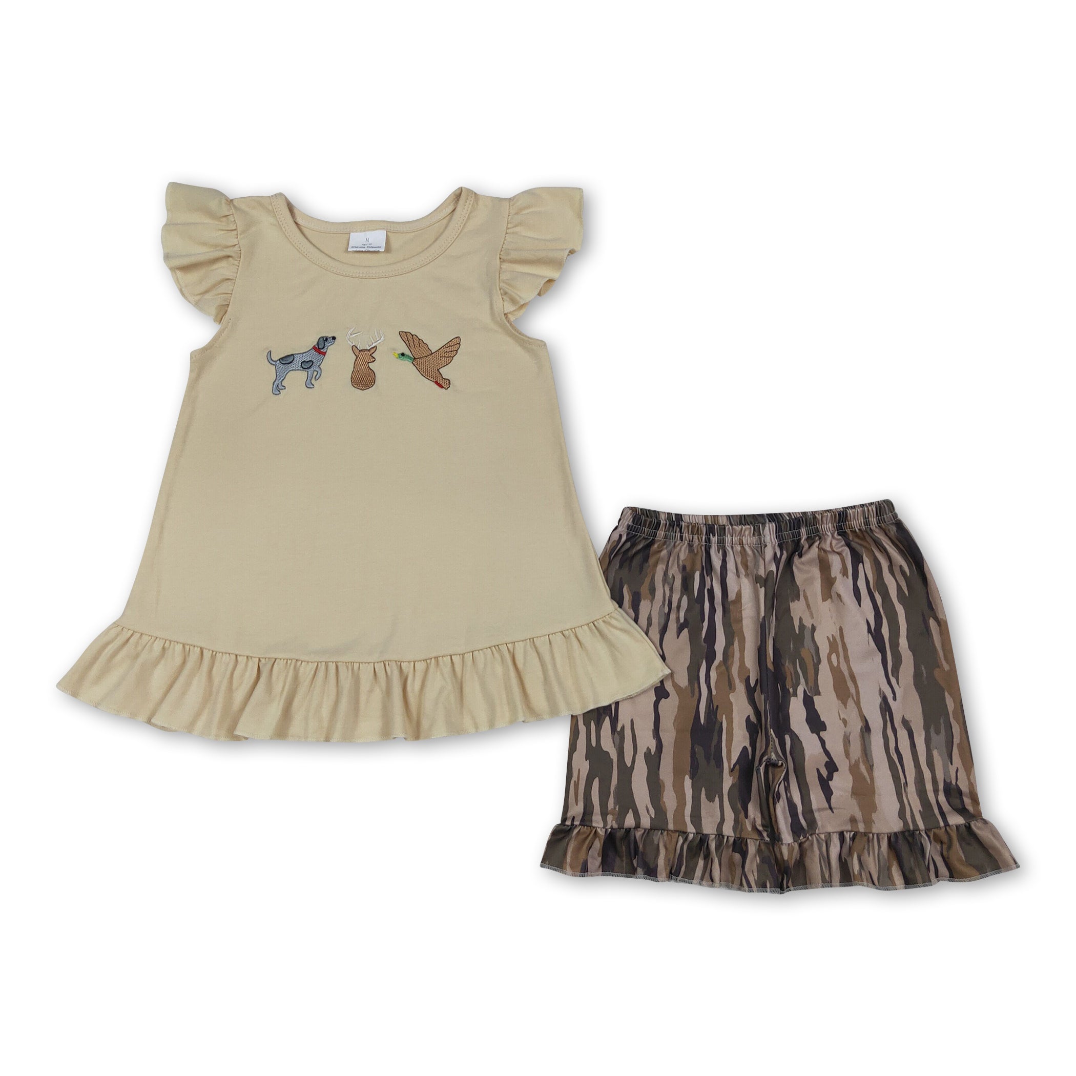 Dog deer duck embroidery top camo shorts girls outfits