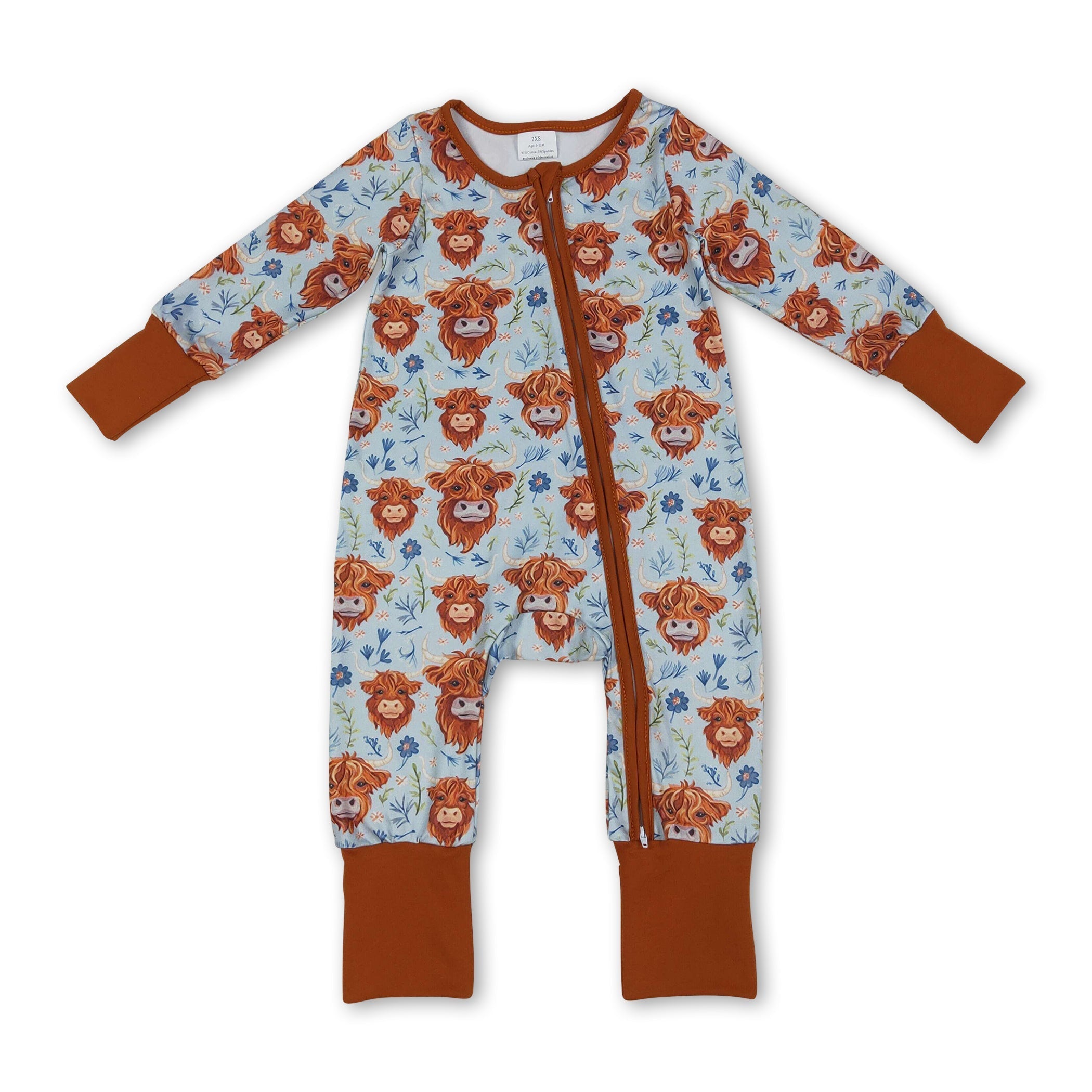Highland cow floral western baby girls zipper romper