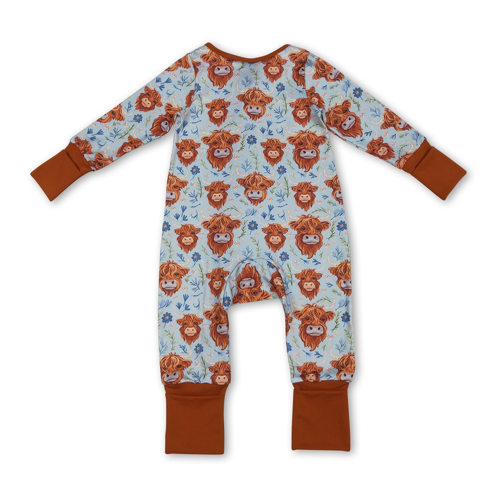Highland cow floral western baby girls zipper romper