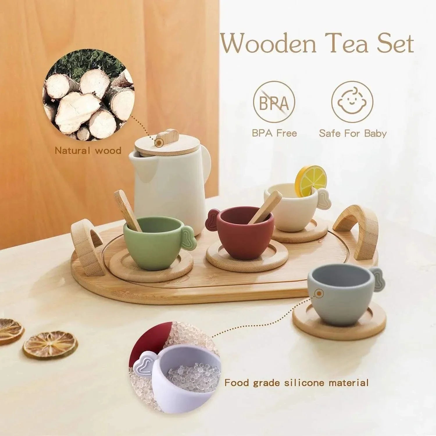 Personalized Kids’ Wooden Tea Set – 14-Piece Pretend Play Set with Engraved Bamboo Tray – Montessori-Inspired Toy for Toddlers & Children