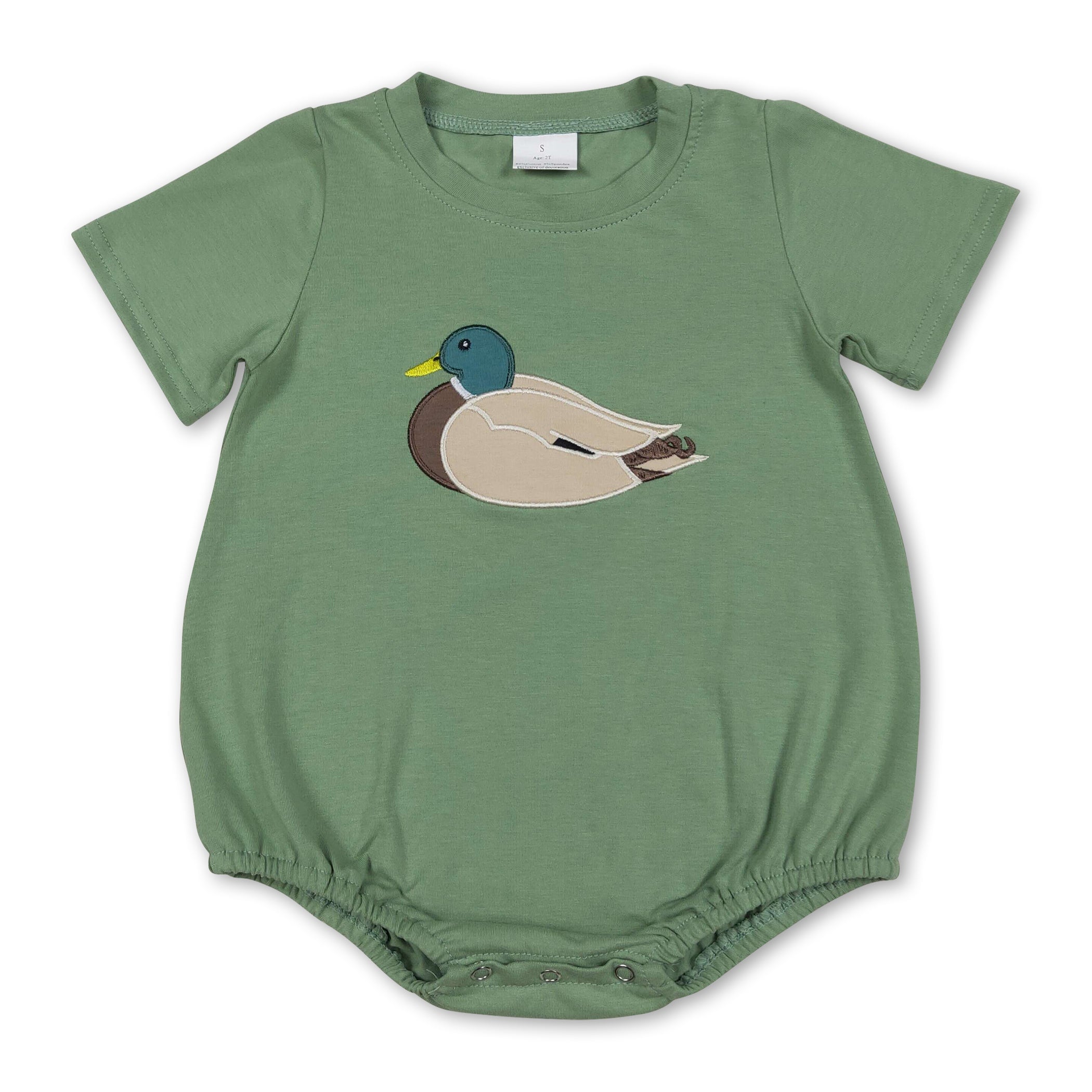 Short sleeves green cotton duck embroidery baby boy romper