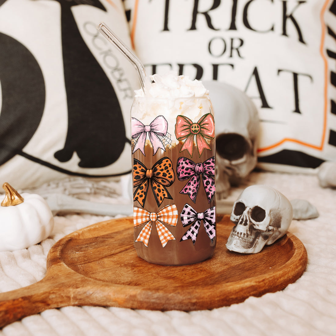 Fall Bows 20oz Glass Tumbler With Bamboo Lid, Straws And Straw Cleaner