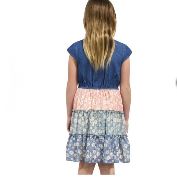 Zunie Denim and Floral Tiered Dress Youth Denim f Size Medium 10/12