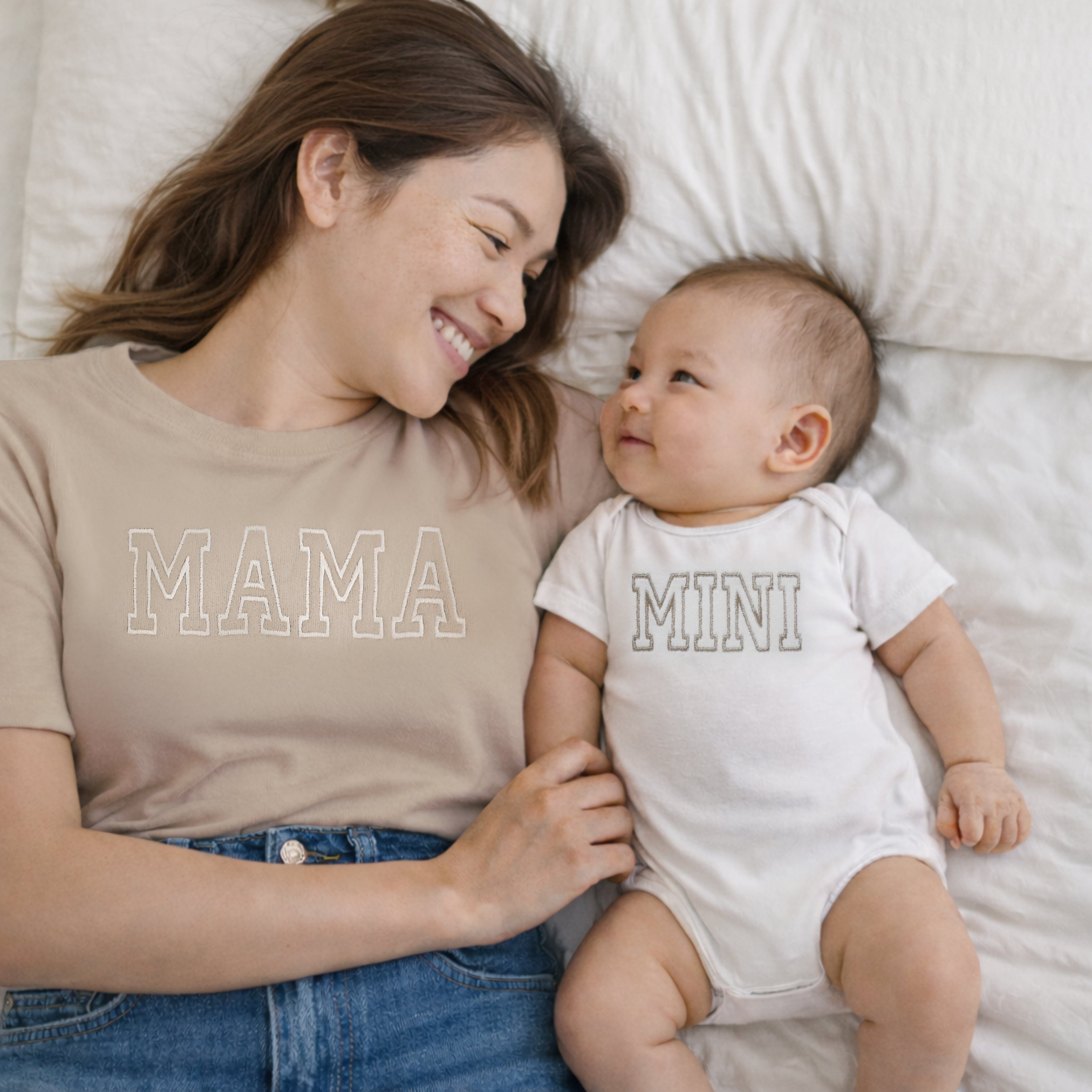 Embroidered Mama and Mini Matching Shirt Set in Neutral Beige
